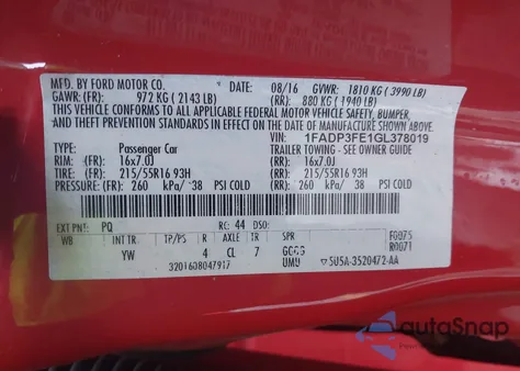 2016 Ford Focus Se z USA, uszkodzony, nr VIN 1FADP3FE1GL378019